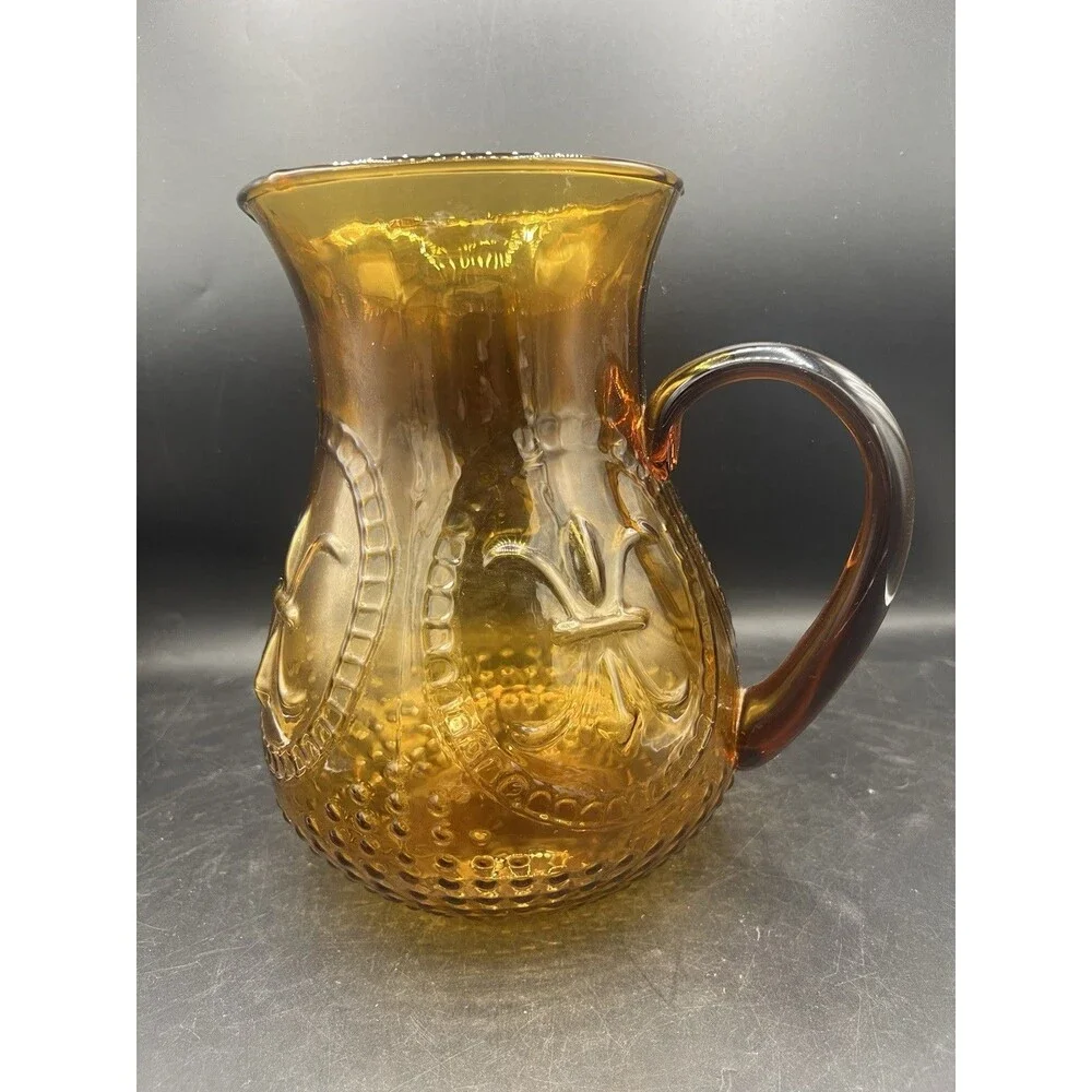 Vintage Zrike Renaissance Amber Glass Pitcher 90 oz 9.5” Embossed Glass